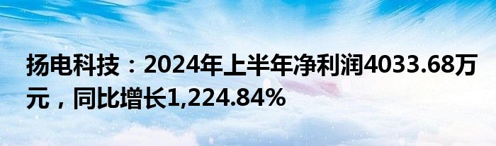 扬电科技：2024年上半年净利润4033.68万元，同比增长1,224.84%