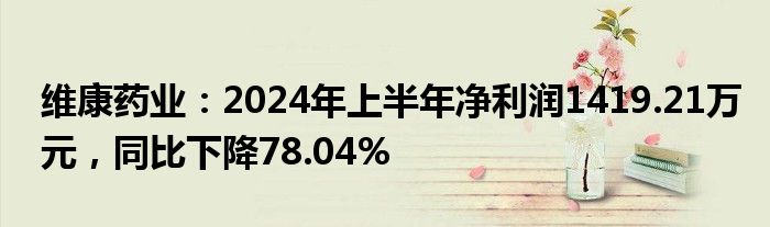 维康药业：2024年上半年净利润1419.21万元，同比下降78.04%