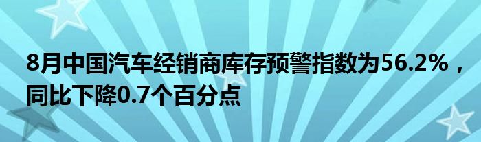 8月中国汽车经销商库存预警指数为56.2%，同比下降0.7个百分点