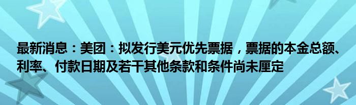 最新消息：美团：拟发行美元优先票据，票据的本金总额、利率、付款日期及若干其他条款和条件尚未厘定