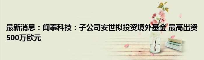 最新消息：闻泰科技：子公司安世拟投资境外基金 最高出资500万欧元