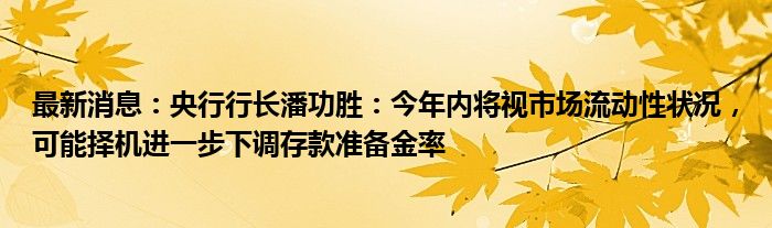 最新消息：央行行长潘功胜：今年内将视市场流动性状况，可能择机进一步下调存款准备金率