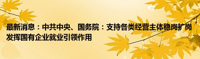 最新消息：中共中央、国务院：支持各类经营主体稳岗扩岗 发挥国有企业就业引领作用