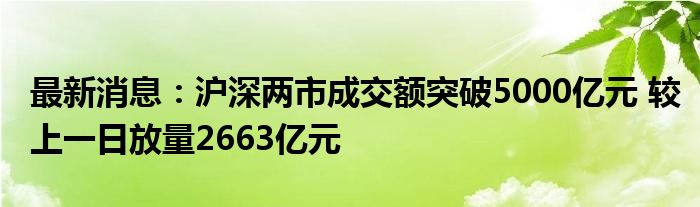 最新消息：沪深两市成交额突破5000亿元 较上一日放量2663亿元