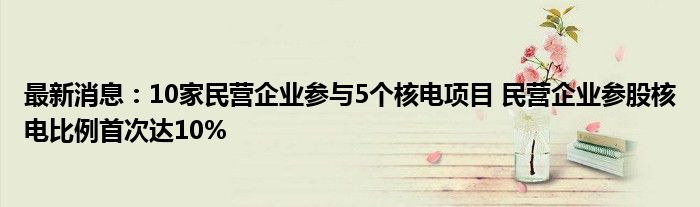 最新消息：10家民营企业参与5个核电项目 民营企业参股核电比例首次达10%