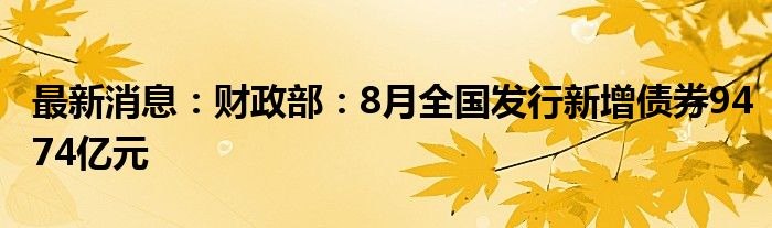 最新消息：财政部：8月全国发行新增债券9474亿元