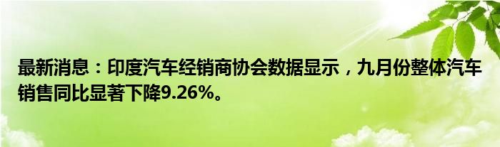 最新消息：印度汽车经销商协会数据显示，九月份整体汽车销售同比显著下降9.26%。